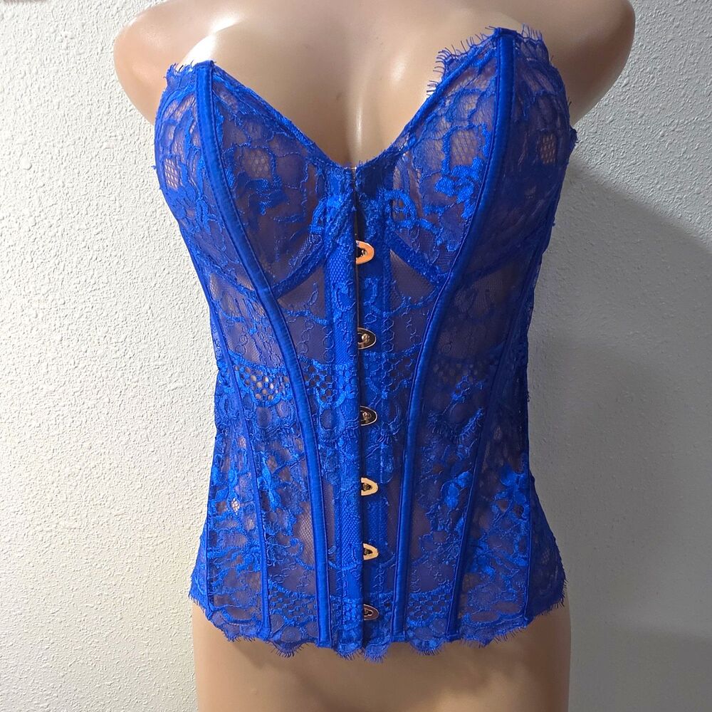 Honey Birdette Blue Lace Overbust Bustier Strapless Underwired Size S